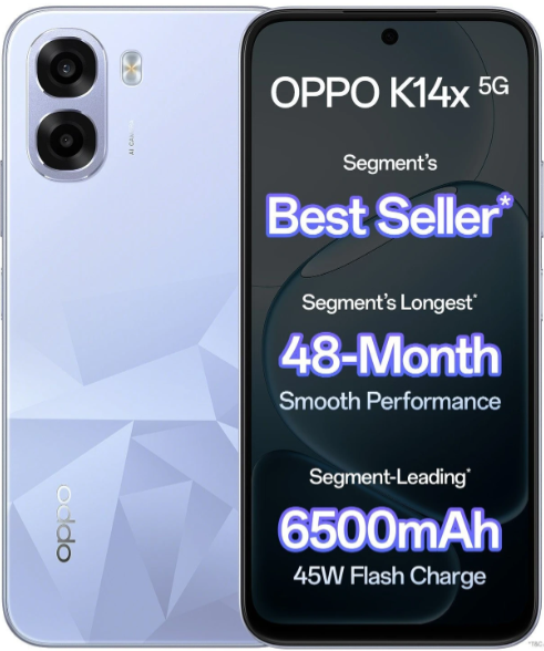 OPPO K14x 5G 6500mAh and 45W SUPERVOOC Charger & AI (Icy Blue, 128 GB) (4 GB RAM)